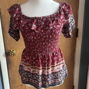 Maurices Red and Black Floral Smocked Blouse